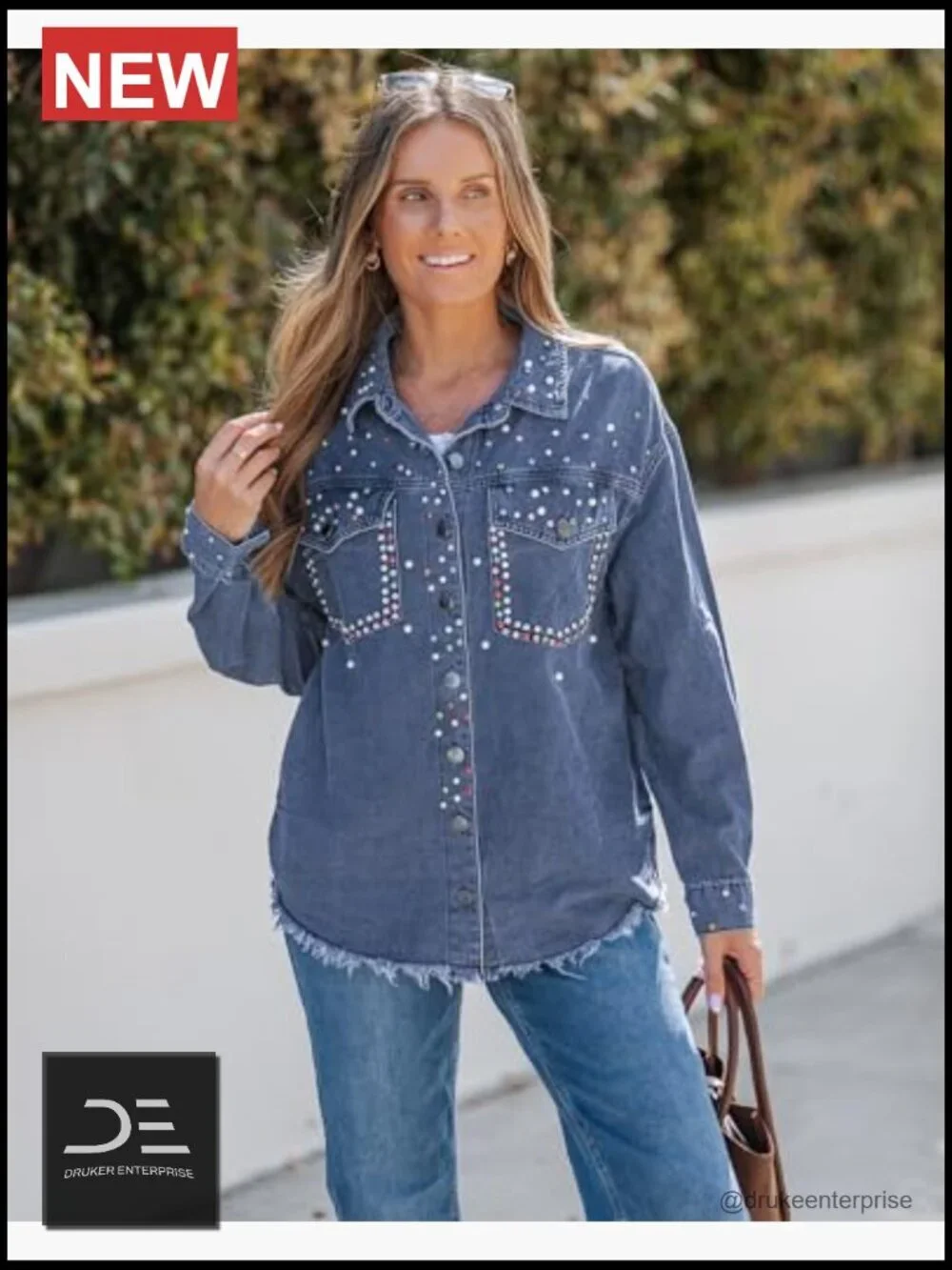 Embellished Rhinestone Pearl Denim Jacket Oversized Frayed Hem Pockets